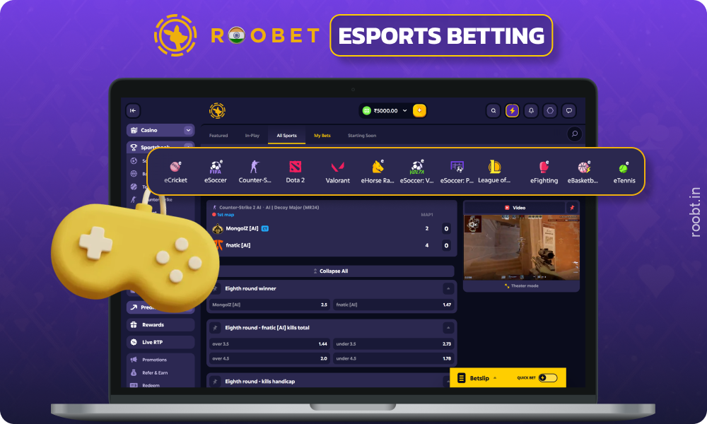 Roobet India offers esports betting on more than 25 disciplines
