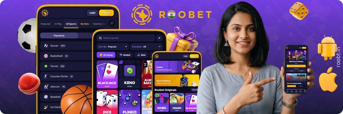 The official Roobet app lets users play casino games and place bets from their phones in India