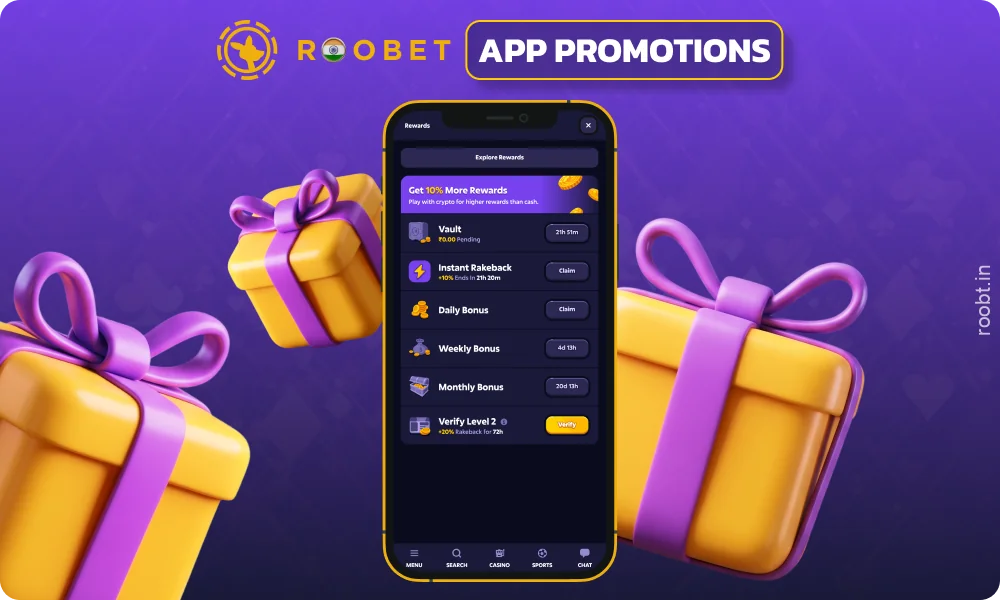 The Roobet app offers the latest promotions and bonuses for new and regular players