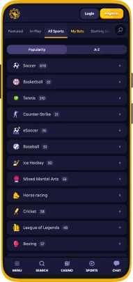 Screenshot of all sports in the Roobet app