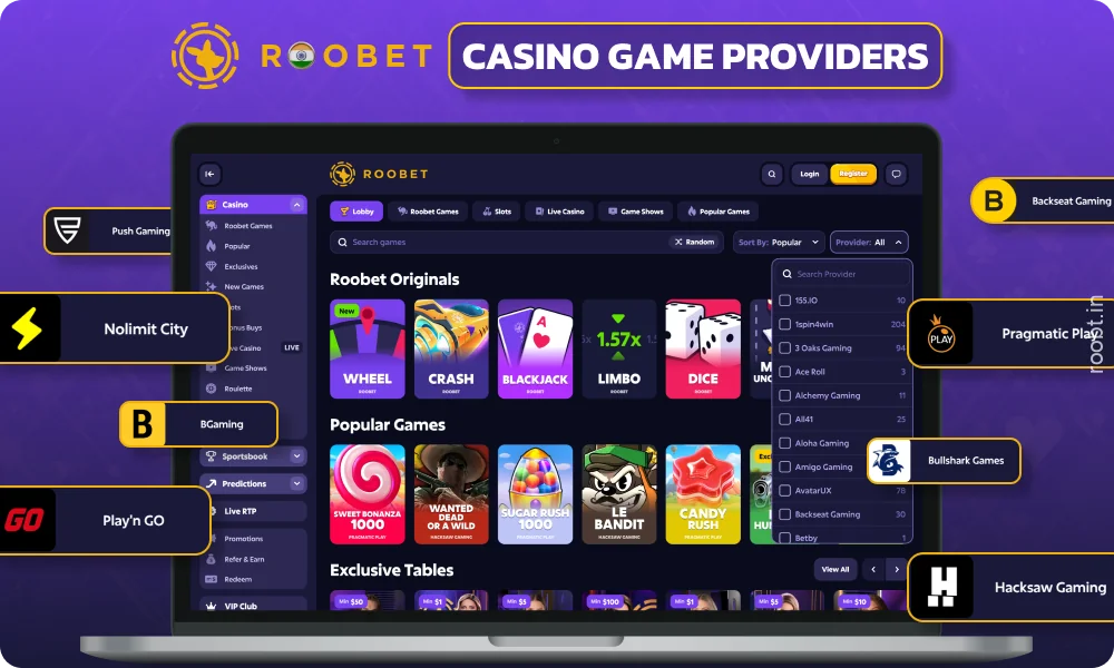 The Roobet casino catalog features games from leading licensed providers