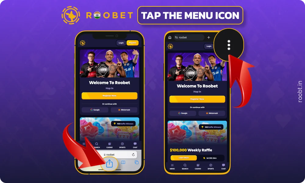Open the browser menu to download the Roobet app