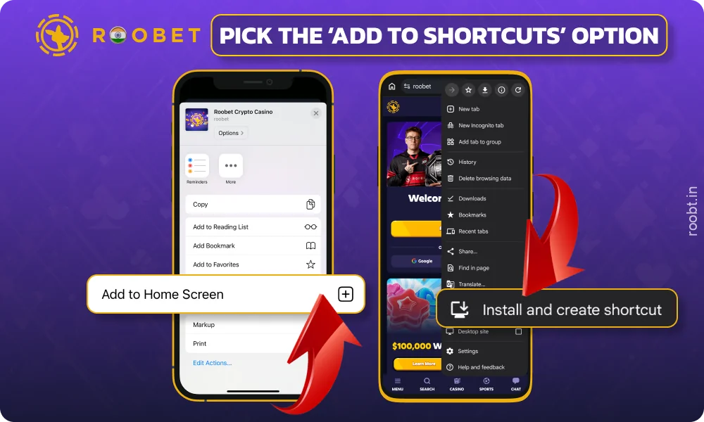 Select the Add to Shortcuts option to download the Roobet app